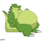  2017 absurd_res alligator alligatorid anthro belly big_belly canson claws colored countershade_torso countershading crocodilian green_body green_scales hand_on_stomach hi_res looking_at_belly looking_down male moobs obese obese_anthro obese_male overweight overweight_anthro overweight_male reptile scales scalie sharp_teeth signature sitting sitting_on_tail solo tail teeth thick_thighs 