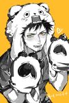  1boy animal_hands animal_hood bags_under_eyes bear_hood black_hair black_shirt blush facial_hair flustered gloves hands_up highres hood jyukawa looking_at_viewer male_focus one_piece open_mouth partially_colored paw_gloves shirt short_hair short_sleeves signature simple_background solo trafalgar_law yellow_background yellow_eyes 