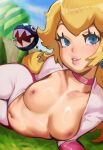  1girl biker_clothes biker_peach blonde_hair blue_eyes bodysuit breasts chain_chomp crown earrings gloves highres jewelry long_hair looking_at_viewer lying mario_(series) mario_kart nipples no_bra official_alternate_costume open_mouth princess_peach roropull small_breasts smile solo super_mario_odyssey 