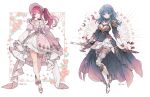  2girls arm_guards armor bare_shoulders black_choker black_dress black_sleeves blue_eyes blue_hair bonnet breasts breasts_apart byleth_(fire_emblem) choker closed_mouth dress fire_emblem fire_emblem:_three_houses flower framed hair_between_eyes hair_ornament heterochromia high_heels high_ponytail holding holding_sword holding_weapon large_breasts layered_dress lemon89h long_bangs long_hair looking_at_viewer multiple_girls off-shoulder_dress off_shoulder original pantyhose pink_dress pink_hair pink_headwear pointy_ears red_flower red_lips shoulder_armor shrug_(clothing) sidelocks signature simple_background skirt_hold swept_bangs sword thigh_strao thighlet weapon weapon_behind_back white_background white_dress white_pantyhose yellow_eyes 