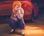  1girl bangs black_footwear black_shirt blue_pants blush breasts car cleavage closed_mouth coat commentary_request fur_coat hand_on_own_cheek hand_on_own_face high_heels long_hair long_sleeves looking_at_viewer momo_hiki motor_vehicle nissan nissan_370z orange_eyes orange_hair original outdoors pants shirt solo sports_car squatting white_coat 