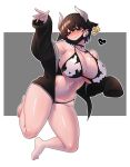  1girl animal_ears animal_print bikini black_hair breasts cow_ears cow_horns cow_print gintm highres horns large_breasts looking_at_viewer navel open_clothes original short_hair solo swimsuit thighs 