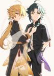  2boys adjusting_clothes aether_(genshin_impact) ahoge alternate_costume ar_(rikuesuto) beads black_shirt blonde_hair braid chinese_clothes cleavage_cutout clothing_cutout earrings flower genshin_impact gloves green_hair hair_between_eyes hair_flower hair_ornament hairclip jewelry long_hair long_sleeves male_focus multicolored_hair multiple_boys open_clothes open_mouth open_shirt shirt tassel tassel_earrings xiao_(genshin_impact) yellow_eyes 