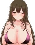  1girl bikini blush breasts brown_hair cleavage collarbone halterneck hands_on_own_chest highres huge_breasts idolmaster idolmaster_shiny_colors kuwayama_chiyuki kyana_(5024777) long_hair looking_at_viewer pink_bikini simple_background smile solo string_bikini swimsuit upper_body very_long_hair white_background 