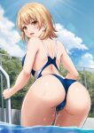  1girl absurdres ass blonde_hair blue_one-piece_swimsuit blue_sky brown_eyes bush chain-link_fence cloud commentary competition_swimsuit cowboy_shot day fence from_behind highres inanaki_shiki isshiki_iroha looking_at_viewer one-piece_swimsuit outdoors pool_ladder revision short_hair sky solo swimsuit water yahari_ore_no_seishun_lovecome_wa_machigatteiru. 