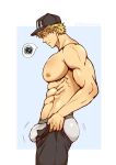  1boy abs bara biceps bulge bulging_penis hataraku_saibou highres killer_t_(hataraku_saibou) large_pectorals male_focus meme muscular muscular_male never_seen_a_guy_recreate_this_(meme) pectorals simple_background taiyoubara 