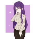  1girl artist_request black_leggings blush breasts doki_doki_literature_club grey_jacket hair_between_eyes hair_ornament hairclip heart heart_background jacket large_breasts leggings long_hair long_sleeves purple_hair simple_background smile solo yuri_(doki_doki_literature_club) 