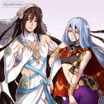  1boy 1girl azura_(fire_emblem) azura_(fire_emblem)_(cosplay) bare_arms bare_shoulders black_hair black_shirt blue_hair bracelet commentary cosplay costume_switch crop_top crossdressing dress fingerless_gloves fire_emblem fire_emblem_engage fire_emblem_fates gloves gzei hair_between_eyes headband highres jewelry long_hair looking_at_viewer midriff pants purple_background purple_pants red_eyes seadall_(fire_emblem) seadall_(fire_emblem)_(cosplay) shirt sleeveless sleeveless_shirt smile sparkle stomach veil very_long_hair white_dress white_gloves 