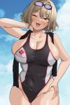  1girl ahoge anis_(nikke) blush breasts brown_eyes brown_hair cleavage goddess_of_victory:_nikke highleg highres huge_breasts long_hair looking_at_viewer one-piece_swimsuit open_mouth plump school_swimsuit short_hair smile solo swimsuit takeura thick_thighs thighs 