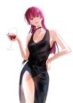  1girl absurdres alcohol alternate_costume alternate_hairstyle black_choker black_dress black_nails bocchi_the_rock! breasts choker cleavage cowboy_shot cup dress drinking_glass earrings hair_down hand_on_own_hip highres hiroi_kikuri jewelry purple_eyes purple_hair sharp_teeth simple_background solo sushizanmai_(sorahaaoi7) teeth white_background wine wine_glass 