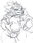  anthro belly belly_rub blush bulge clothing disembodied_hand dragon embarrassed kzy_r9877 lifewonders live_a_hero male phein shirt short_stack sketch solo tank_top topwear 