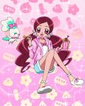  1girl blue_shorts bow chypre_(heartcatch_precure!) food footwear_bow frilled_socks frills hanasaki_tsubomi heartcatch_precure! highres holding holding_food hood hoodie long_hair official_art open_clothes open_hoodie open_mouth pink_bow pink_eyes pink_hair pink_hoodie precure precure_connection_puzzlun shirt_bow shorts sitting smile socks solo third-party_source twintails white_footwear yellow_footwear 