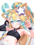  1girl amakawa_hano animal_ears aqua_hair armpits bettle_(b_s_a_n) black_wristband blonde_hair blue_eyes cat_ears claw_pose elbow_gloves fingerless_gloves flat_chest gloves hair_ornament highres long_hair looking_at_viewer multicolored_hair navel open_mouth re:act shooting_star_(symbol) single_glove smile solo star_(symbol) star_hair_ornament two-tone_hair upper_body virtual_youtuber white_background 