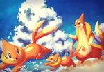  &gt;_&lt; 7_phi_3 beach blue_sky buizel cloud commentary_request floatzel forked_tail orange_fur pokemon pokemon_(creature) sky solid_oval_eyes splashing standing tail water 