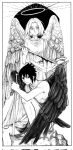  1boy 1girl angel_wings blood blood_on_weapon commentary english_commentary feathered_wings flying_nimbus greyscale grq6dmoxcogqxhj haruno_sakura highres holding holding_sword holding_weapon knee_up looking_at_viewer monochrome naruto naruto_(series) short_hair spiked_hair sword toga uchiha_sasuke weapon wings 