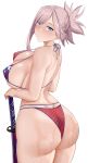  absurdres american_flag_bikini arind_yudha ass asymmetrical_hair bikini blue_eyes breasts cowboy_shot fate/grand_order fate_(series) flag_print from_behind highres huge_ass large_breasts looking_at_viewer looking_back miyamoto_musashi_(fate) pink_hair print_swimsuit scabbard sheath swept_bangs swimsuit sword weapon wet white_background 