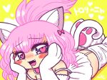  1girl animal_ears blue_eyes blush bow cat_ears cat_girl cat_tail collar commentary_request hair_bow hands_on_own_cheeks hands_on_own_face heart heart-shaped_pupils hecktop looking_to_the_side lying medium_hair nose_blush open_mouth open_smile pawpads pink_bow pink_collar pink_hair ponytail saliva single_tooth smile symbol-shaped_pupils tail tororiina_(hecktop) tororin_time translation_request white_tail 