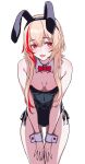  1girl 3_small_spiders absurdres animal_ears black_leotard blonde_hair bow bowtie breasts commentary_request cowboy_shot detached_collar fake_animal_ears fang girls&#039;_frontline highres leaning_forward leotard long_hair m4_sopmod_ii_(girls&#039;_frontline) medium_breasts multicolored_hair open_mouth playboy_bunny rabbit_ears red_bow red_bowtie red_eyes red_hair simple_background skin_fang solo strapless strapless_leotard streaked_hair two-tone_hair white_background wrist_cuffs 