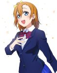  1girl blazer blue_eyes blue_jacket blue_skirt bow bowtie breasts collared_shirt hair_between_eyes highres jacket kousaka_honoka light_blush long_sleeves love_live! love_live!_school_idol_project medium_breasts medium_hair naarann open open_mouth orange_eyes otonokizaka_school_uniform pleated_skirt red_bow red_bowtie school_uniform shirt skirt solo striped striped_bow striped_bowtie teeth upper_body upper_teeth_only white_background white_shirt winter_uniform 