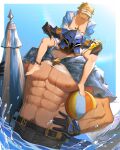  2boys abs absurdres ball bara bare_pectorals beachball belt black_belt black_gloves black_pants brown_hair day draph flower gloves gran_(granblue_fantasy) gran_(summer)_(granblue_fantasy) granblue_fantasy helmet highres holding horn_flower horns huge_pectorals male_focus male_swimwear multiple_boys muscular muscular_male navel nipples official_alternate_costume open_mouth outdoors pants parasol pectorals short_hair sky smile sparse_navel_hair splashing strongman_waist umbrella vaseraga vaseraga_(summer)_(granblue_fantasy) visor_cap water wet white_male_swimwear zhuganchangjiadan 