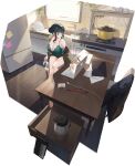  1girl anosillus_ii anosillus_ii_(private_time) azur_lane bare_legs bare_shoulders barefoot black_hair blush braid braided_bun breasts brown_jacket camisole chair cleavage closed_mouth coat coffee coffee_cup coffee_mug collarbone computer cooking_pot cup desk disposable_cup earrings faucet feet from_above glasses green_camisole gridman_universe hair_bun highres holding holding_cup huge_breasts indoors jacket jewelry keyboard_(computer) kitchen kurumi_(recycllamo) laptop legs long_sleeves looking_to_the_side mug off_shoulder official_alternate_costume official_art open_clothes open_jacket paper pen red_eyes shelf shirt short_shorts shorts single_hair_bun sitting solo spaghetti_strap spatula ssss.dynazenon stove sunlight table thighs tile_floor tiles toes translation_request underwear window wooden_floor 