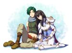  1boy 1girl absurdres adricarra armor astrid_(fire_emblem) black_hair breastplate closed_eyes commission commissioner_upload couple fire_emblem fire_emblem:_radiant_dawn full_body green_hair green_vest hand_on_another&#039;s_shoulder head_on_another&#039;s_shoulder hetero highres long_hair looking_at_another pauldrons shoulder_armor sitting sleeping smile sothe_(fire_emblem) vest yellow_eyes 