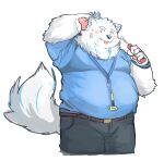  2023 absurd_res anthro belly big_belly black_nose blush bottomwear canid canine canis clothing domestic_dog fur hi_res humanoid_hands kemono lifewonders live_a_hero male mammal overweight overweight_male pants shirt simple_background solo tappe124 tongue tongue_out topwear white_background white_body white_fur yohack 