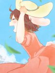  1girl ahoge animal_ears blurry blush brown_hair citrus_(place) closed_eyes cloud cumulonimbus_cloud day depth_of_field dress flat_chest from_side hands_up happy hat holding holding_clothes holding_hat inaba_tewi leaf open_mouth outdoors petite pink_dress profile puffy_short_sleeves puffy_sleeves rabbit_ears rabbit_tail short_hair short_sleeves sky solo sun_hat tail touhou 