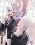  1boy animal_ears blue_eyes commentary_request crossdressing fangs fingernails highres indoors leftporygon long_sleeves looking_at_viewer maid male_focus open_mouth original otoko_no_ko short_hair smile solo tail white_hair window 