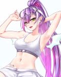  1girl :d absurdres armpits arms_up braid breasts cleavage commentary_request crop_top demon_tail demon_wings goggles goggles_on_head green_eyes highres hololive looking_at_viewer medium_breasts midriff navel open_fly open_mouth pointy_ears ponytail purple_hair short_shorts shorts simple_background smile solo sports_bra stomach tail tokoyami_towa tokoyami_towa_(5th_costume) upper_body virtual_youtuber white_background white_shorts wings zellam 