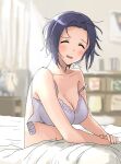  1girl ^_^ annko bed_sheet blanket blue_hair blurry blurry_background blush breasts cleavage closed_eyes collarbone dark_blue_hair forehead idolmaster idolmaster_(classic) idolmaster_million_live! indoors large_breasts miura_azusa morning navel on_bed own_hands_together short_hair sitting smile solo undone_bra 