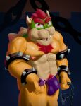  biceps body_hair bowser bowser_day chain chain_leash chest_hair chest_tuft clothing collar cuffs_(clothing) hair hi_res koopaling ks_simp_(artist) leash looking_at_viewer male male/male mario_bros musclegut muscular muscular_male nintendo nipple_piercing nipples pecs phone piercing pink_nipples red_eyes red_hair reptile scalie solo speedo spikes swimwear tuft 