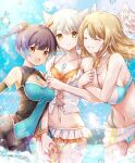  3girls animal_ears arm_hug blue_eyes breast_tattoo breasts brown_hair cat_ears chest_jewel covered_navel eunie_(xenoblade) feathered_wings fiery_hair glowing_lines grey_hair head_wings highres holding_hands large_breasts looking_at_viewer medium_breasts medium_hair mio_(xenoblade) multiple_girls navel official_alternate_costume sena_(xenoblade) short_hair side_ponytail smile stomach swimsuit tattoo thigh_gap ui_frara wings xenoblade_chronicles_(series) xenoblade_chronicles_3 