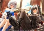  2girls admiral_graf_spee_(azur_lane) azur_lane bare_shoulders black_bow black_choker black_dress black_footwear black_hair black_pantyhose blue_dress bob_cut boots bow breasts choker cleavage couch curtains deutschland_(azur_lane) dress dress_bow frilled_dress frills grey_hair hair_between_eyes highres indoors long_sleeves multicolored_hair multiple_boys multiple_girls official_art on_couch open_mouth pantyhose parted_bangs red_hair short_hair sidelocks sitting smile streaked_hair white_hair window y_o_u_k_a 