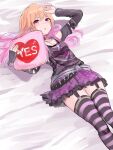  1girl bed belt black_belt black_gloves black_shirt black_thighhighs blush breasts choker cleavage collarbone fingerless_gloves frilled_skirt frills garter_straps gloves hair_between_eyes hand_on_own_head heart heart_choker heart_pillow highres himari_ii holding holding_pillow idolmaster idolmaster_cinderella_girls idolmaster_cinderella_girls_starlight_stage indoors jewelry keyhole long_hair long_sleeves looking_at_viewer lying miniskirt multicolored_hair multicolored_thighhighs necklace ninomiya_asuka on_back on_bed open_mouth orange_hair pillow pink_hair pink_thighhighs print_shirt purple_eyes purple_skirt shirt single_glove skirt solo striped striped_thighhighs thighhighs two-tone_hair yes yes-no_pillow 