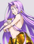  1girl alternate_costume breasts cosplay covering covering_breasts earrings facial_mark fate/grand_order fate_(series) forehead forehead_mark gilgamesh_(fate) gilgamesh_(fate)_(cosplay) jewelry large_breasts long_hair medusa_(fate) medusa_(rider)_(fate) necklace purple_eyes purple_hair simple_background solo topless upper_body very_long_hair yukiji_(mogari) 