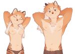  anthro breasts chest_tuft crotch_tuft duo female fur hands_behind_head huckypaw male male/female orange_body orange_fur smile smiling_at_viewer striped_body striped_fur stripes towel tuft 