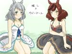  2girls alternate_costume animal_ears babydoll bare_shoulders black_dress blush breasts brown_eyes cleavage closed_mouth collarbone commentary_request dress embarrassed grey_hair hair_between_eyes hishi_miracle_(umamusume) horse_ears horse_girl horse_tail lingerie looking_at_viewer medium_breasts medium_hair multiple_girls navel nice_nature_(umamusume) red_hair sitting tail umamusume underwear wakita_otk 