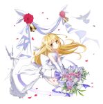  1girl :o back_bow banner bare_arms bell bird blonde_hair blush bouquet bow braid bridal_gauntlets closers dove dress falling_petals flat_chest flower frilled_thighhighs frills full_body hair_ribbon highres holding holding_bouquet kneeling lace-trimmed_dress lace_trim long_hair looking_at_viewer lucy_(closers) official_art petals pink_flower pink_rose purple_flower purple_rose red_flower red_rose ribbon rose short_dress side_braid sleeveless sleeveless_dress solo tachi-e thighhighs wedding_dress white_background white_bow white_bridal_gauntlets white_dove white_dress white_ribbon white_thighhighs yellow_eyes 