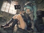  1girl battery_indicator black_bag black_footwear black_socks black_sweater blue_archive cabbie_hat cellphone commentary_request full_body hair_over_one_eye hat highres hiyori_(blue_archive) holding holding_phone indoors knees_up light_green_hair long_hair long_sleeves on_floor open_mouth phone scarf sitting smartphone socks solo sweatdrop sweater tearing_up thigh_strap weapon_case white_scarf wide_ponytail window yanyan_(shinken_gomi) 