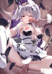  1girl 3boys absurdres azur_lane black_choker blush breasts choker classic_(zildjian33) clenched_teeth cum cum_in_pussy cum_on_body cum_on_breasts gangbang girl_on_top grey_hair group_sex hair_ornament hetero highres joffre_(azur_lane) large_breasts long_hair looking_at_viewer multiple_boys nipples one_eye_closed penis red_eyes sex spread_legs straddling teeth testicles twintails vaginal 