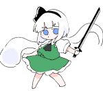  1girl :&lt; barefoot black_bow black_bowtie black_hairband black_ribbon blue_eyes blush bob_cut bow bow_hairband bowtie closed_mouth collared_shirt frilled_skirt frills frown full_body green_skirt green_vest hair_ribbon hairband katana konpaku_youmu konpaku_youmu_(ghost) looking_to_the_side pino5563 puffy_short_sleeves puffy_sleeves ribbon shirt short_hair short_sleeves simple_background skirt skirt_set solid_eyes solo sword thick_eyebrows touhou vest weapon white_background white_hair white_shirt youmu_day 