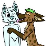  anthro blep blue_nose brown_body brown_fur canid canine canis domestic_dog eyes_closed female fur green_hair grey_nose hair hyena kissing kissing_cheek licking licking_lips male male/female mammal simple_background spots teenager tongue tongue_out toony_expression toony_eyes vannie_(w31rd) w31rd wolf ych_(character) young 