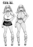  1girl bracelet breasts character_name collared_shirt commentary_request contrapposto earrings front-tie_top greyscale gyaru hand_on_own_hip highres huge_breasts jewelry loose_socks micro_panties miniskirt monochrome navel necklace original panties pleated_skirt satsuki_imonet shiny_skin shirt side-tie_panties skirt socks tan twintails underwear 