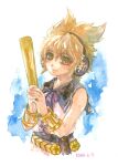  1girl blonde_hair bracelet earmuffs jewelry looking_at_viewer painting_(medium) pink_shirt pointy_hair ritual_baton shiroma_(mamiko) shirt short_hair sleeveless sleeveless_shirt smile solo touhou toyosatomimi_no_miko traditional_media watercolor_(medium) yellow_eyes 