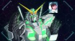  1boy banagher_links brown_hair english_commentary full_armor_unicorn_gundam glowing glowing_eyes gundam gundam_unicorn helmet highres holographic_monitor jacy looking_at_viewer mecha meme mrbeast open_mouth parody robot smile space spacesuit star_(sky) unicorn_gundam v-fin viewfinder 