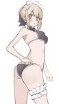  1girl absurdres artoria_pendragon_(alter_swimsuit_rider)_(fate) artoria_pendragon_(alter_swimsuit_rider)_(second_ascension)_(fate) artoria_pendragon_(fate) ass bangs bare_shoulders bikini black_bikini black_ribbon blonde_hair blush braid breasts bridal_garter choker fate/grand_order fate_(series) french_braid frilled_choker frills hair_bun hair_ribbon highres kopaka_(karda_nui) long_hair looking_at_viewer looking_back maid_bikini maid_headdress medium_breasts ribbon sidelocks solo swimsuit thighs yellow_eyes 