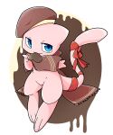  3_fingers 3_toes ambiguous_gender blue_eyes brown_background brown_clothing brown_hat brown_headwear brown_scarf chaba chocolate_heart clothed clothed_feral clothing feet feral fingers generation_1_pokemon hat headgear headwear hi_res legendary_pokemon mew_(pokemon) monotone_body nintendo pink_body pokemon pokemon_(species) red_ribbon ribbons scarf simple_background solo toes white_background 
