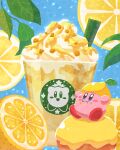  :i blue_background blush_stickers cup disposable_cup food food-themed_hat food_focus food_on_face frappuccino fruit highres kirby kirby_(series) leaf lemon lemon_slice miclot no_humans red_footwear shoes starbucks whipped_cream 