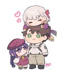  1boy 2girls :3 artist_name azu_(kirara310) beret black_footwear black_gloves black_hair blush_stickers braid braided_ponytail chibi closed_eyes closed_mouth commentary_request fate/grand_order fate_(series) fujimaru_ritsuka_(male) fujimaru_ritsuka_(male)_(decisive_battle_chaldea_uniform) full_body gloves green_eyes grey_pants hair_ribbon hat heart highres jacket kama_(fate) kama_(first_ascension)_(fate) multiple_girls necktie on_head pants person_on_head pink_ribbon purple_eyes purple_hair purple_headwear ribbon shoes short_hair simple_background sion_eltnam_sokaris smile uniform white_background white_hair white_jacket yellow_necktie 